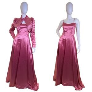 NWT 1970s Vintage Dance Allure Alfred Angelo Pink Satin Gown Bolero Set